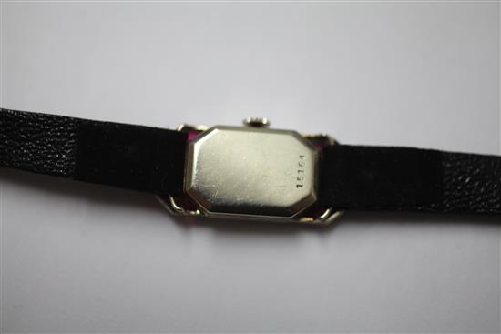 A ladys 1930s Art Deco continental 18ct white gold and synthetic ruby set cocktail watch,